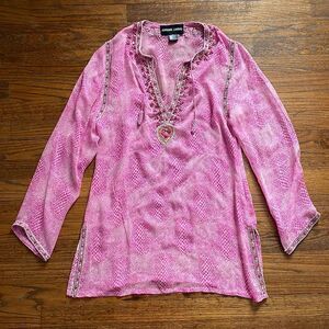 Adrienne Landau Pink and White Silk Tunic Top